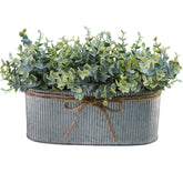Winlyn Artificial Eucalyptus Arrangement in Rustic Oval Galvanized Metal Planter Box Faux Eucalyptus Bush Greenery Potted Plants for Farmhouse Indoor Home Office Table Centerpiece Kitchen Décor image 0